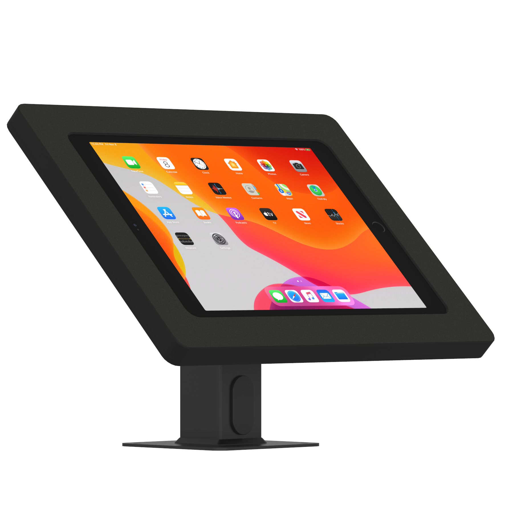 iPad in a black, secure, adjustable stand displaying a colorful home screen with app icons.
