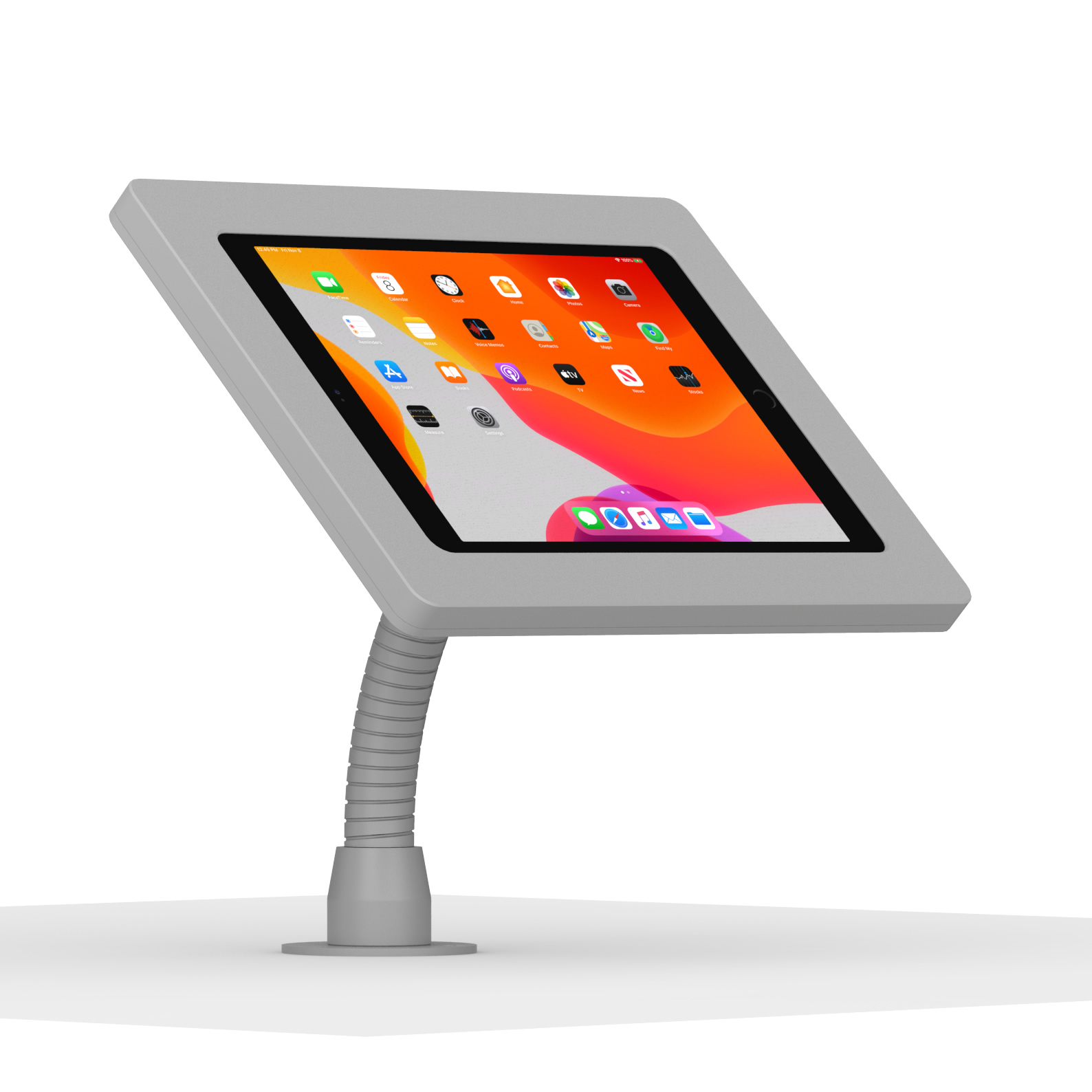 Gooseneck tablet stand with attached iPad displaying home screen apps.