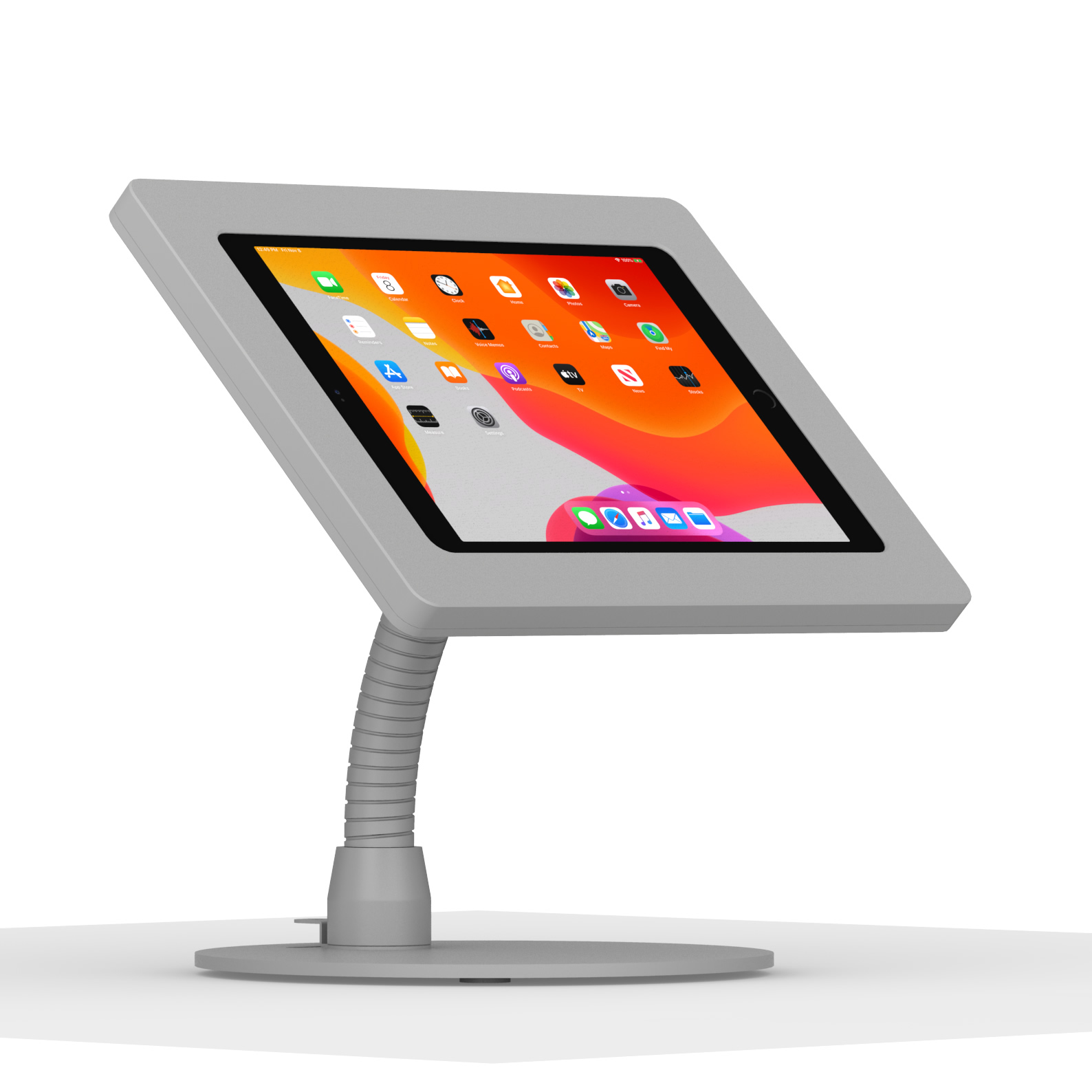 tablet kiosk stand with flexible rotating mount displaying tablet screen with colorful apps