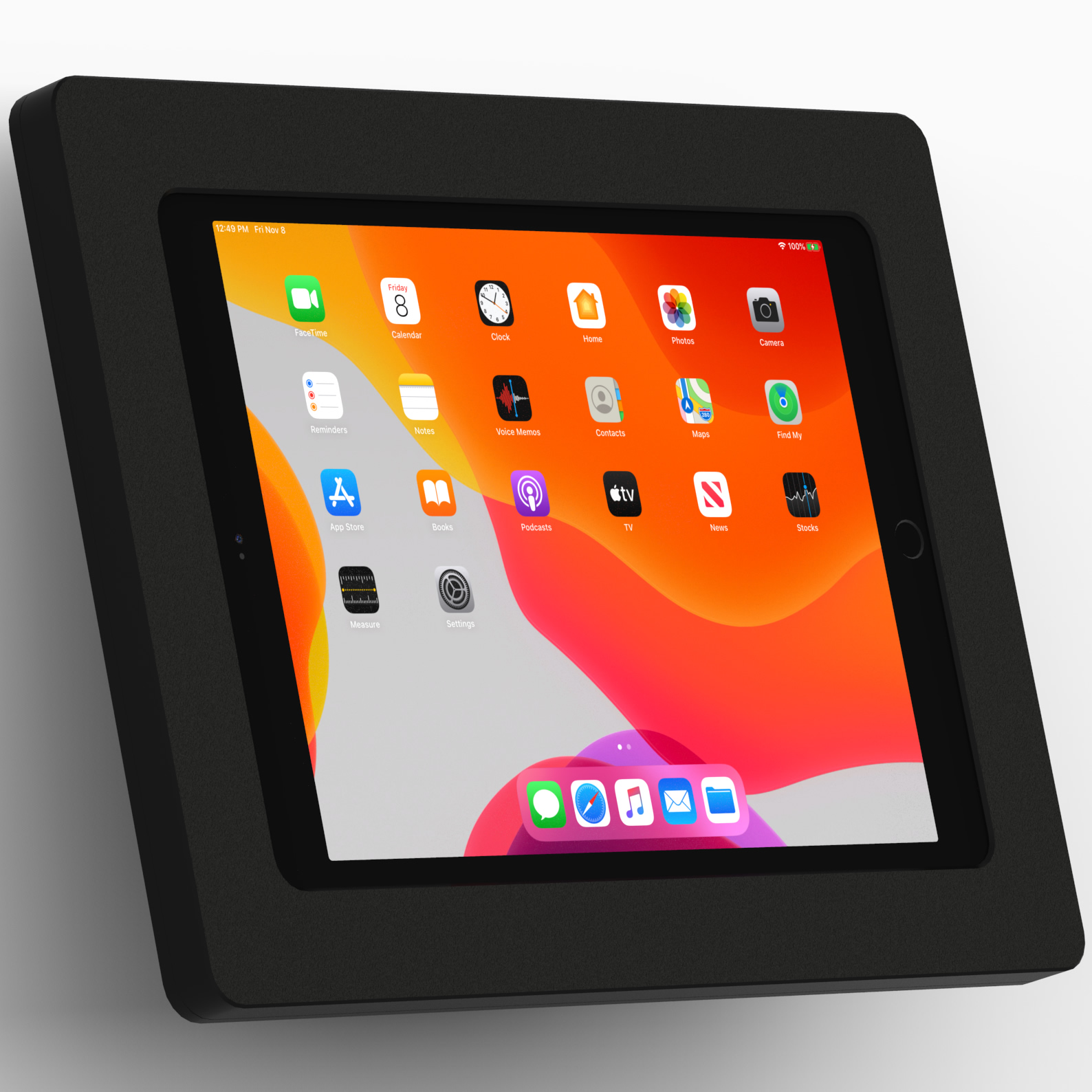 Black tablet mounted on wall displaying colorful screen with various app icons