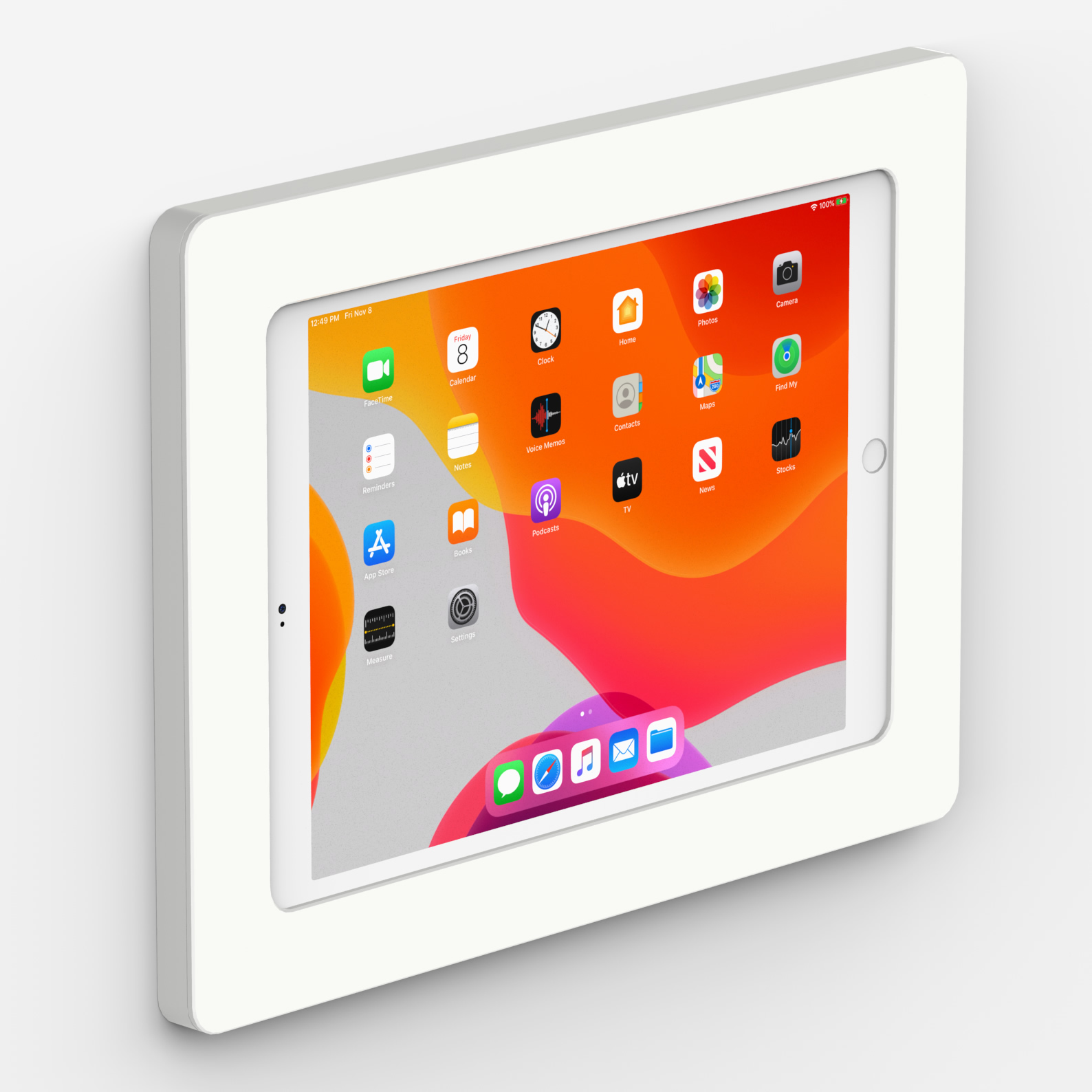 wall-mounted white digital tablet showing multiple app icons with colorfully vibrant wallpaper