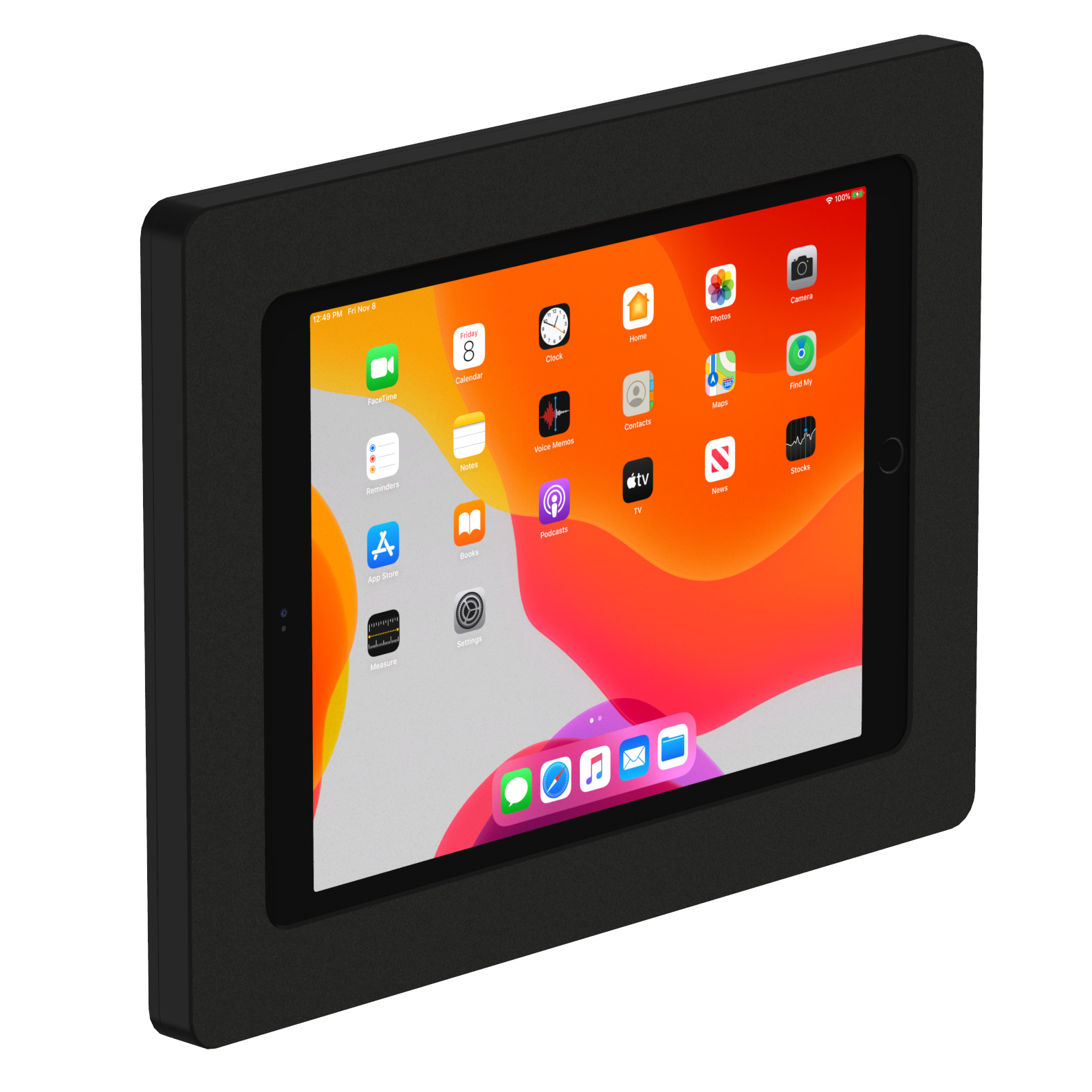 Wall-mounted black tablet displaying various app icons on the screen.