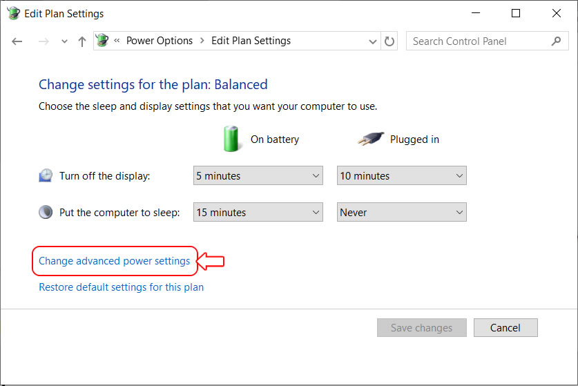 Screenshot : Click on CHANGE AVANCED POWER SETTINGS