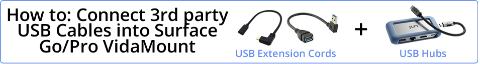 How to connect 3rd party USB cables into Surface Go or Pro VidaMount guide with images of USB extension cords and USB hubs