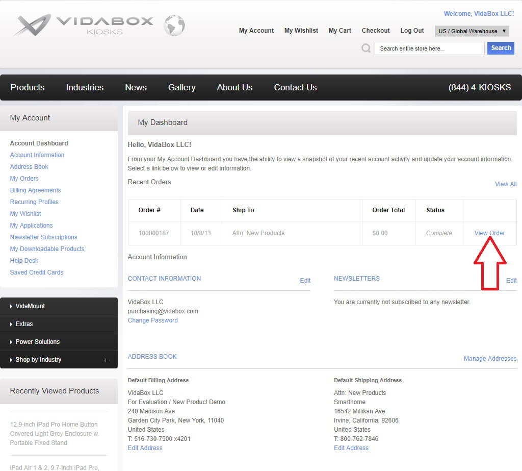 My Account dashboard page of VidaBox LLC website displaying recent orders including order number, date, shipping to information, order total, and status with view order link highlighted.