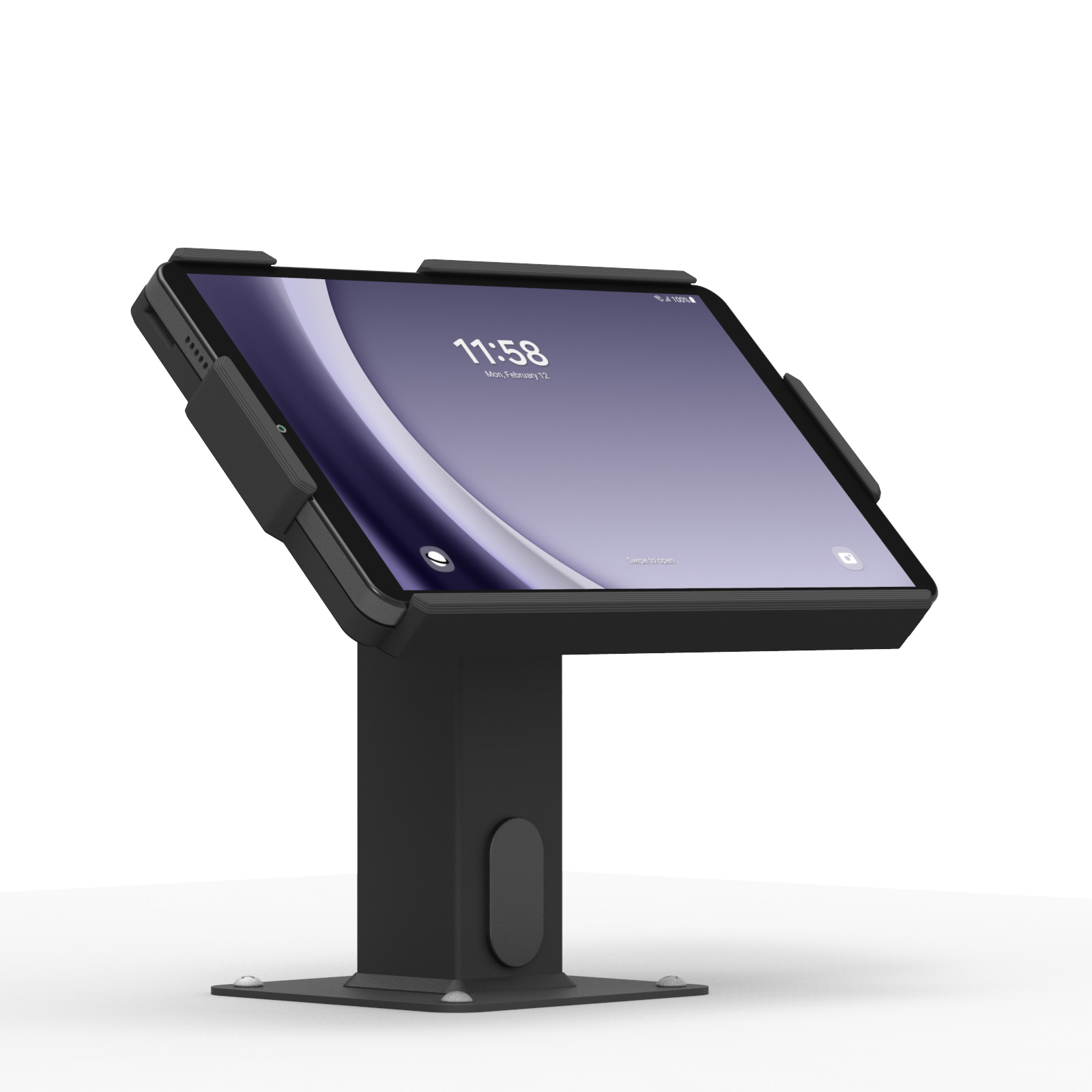 Tablet in a black stand displaying the time 11:58 on the lock screen.