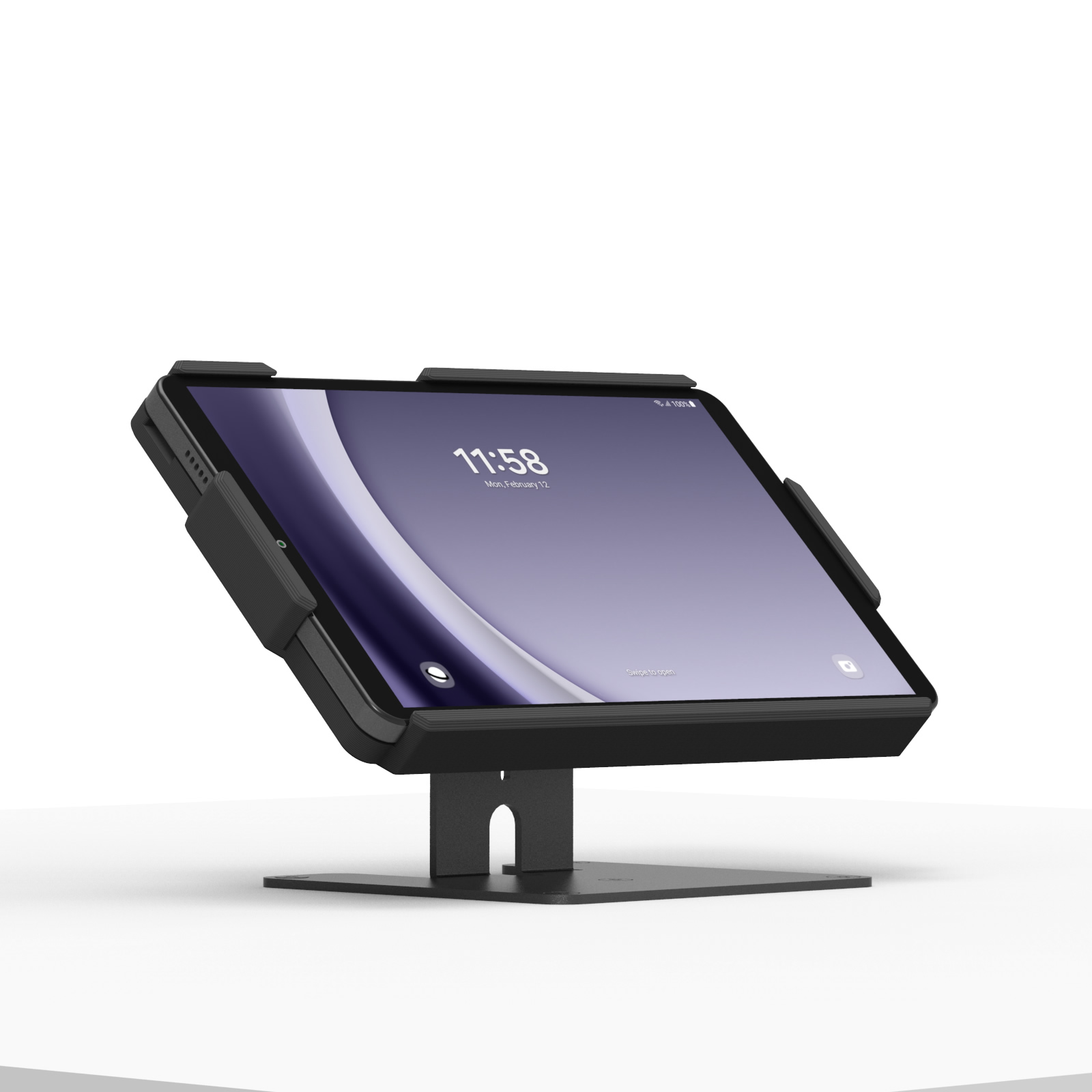 tablet display stand with tablet showing a home screen at 11:58