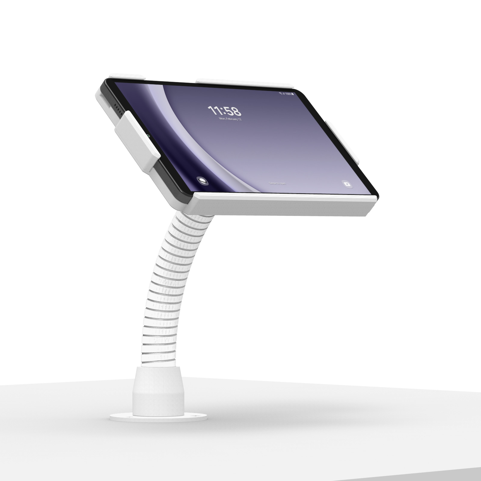 tablet holder with flexible neck attached to surface displaying time 11:58
