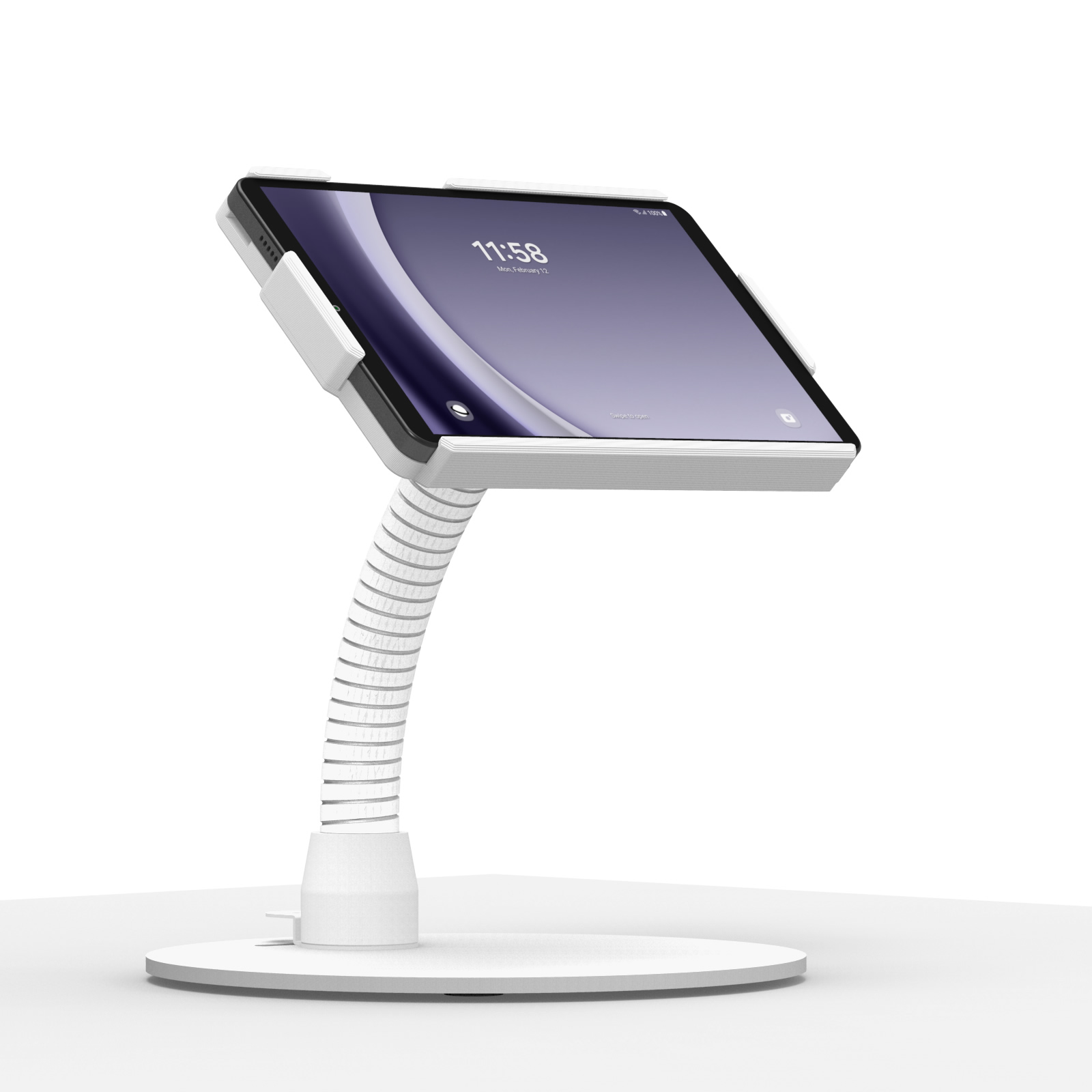 adjustable tablet stand holding a tablet with a purple screen displaying the time 11:58