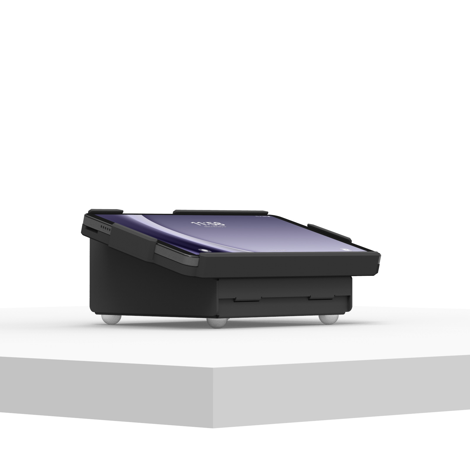 modern black point-of-sale terminal with touch screen display tilted on a white platform
