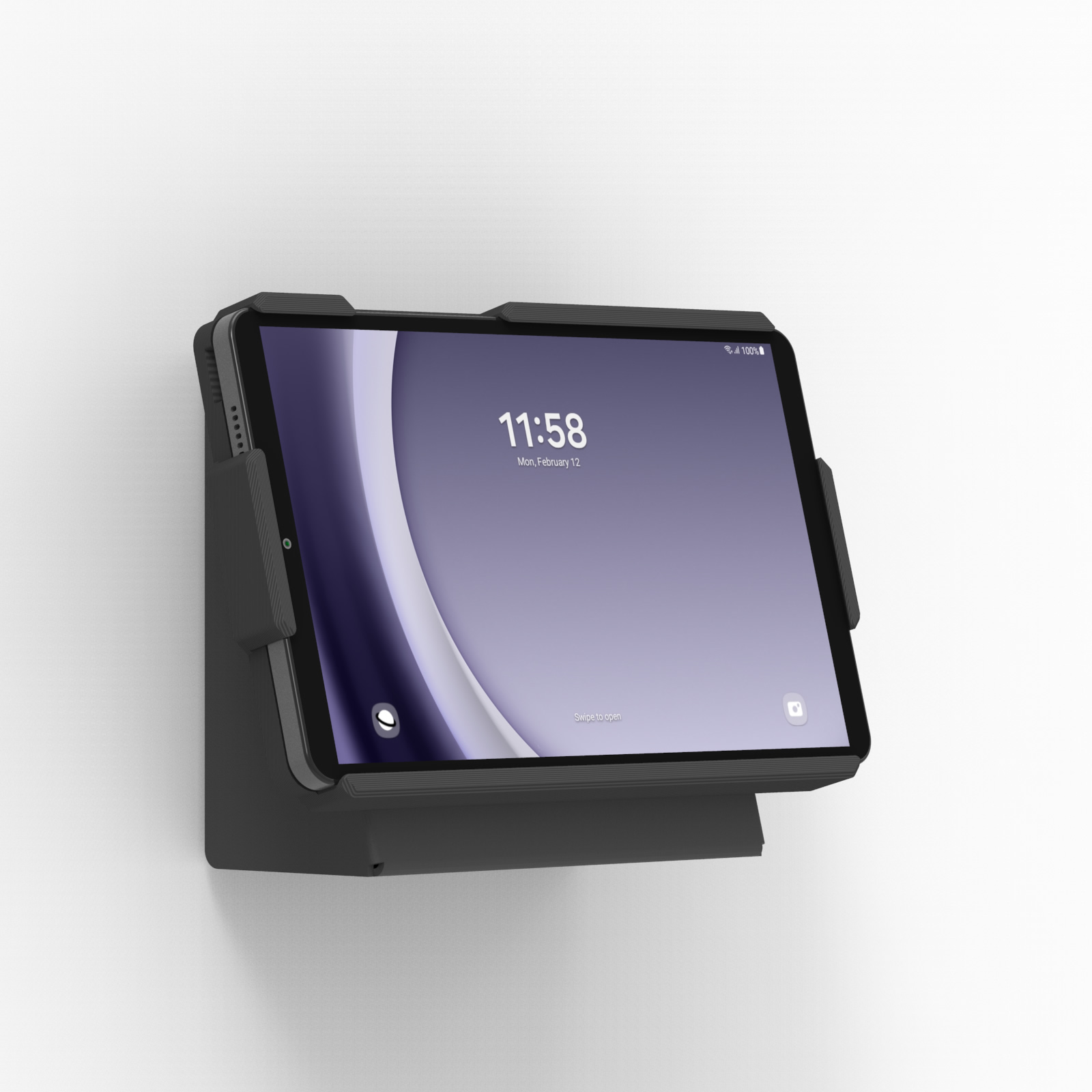 tablet mounted on wall showing time and date display