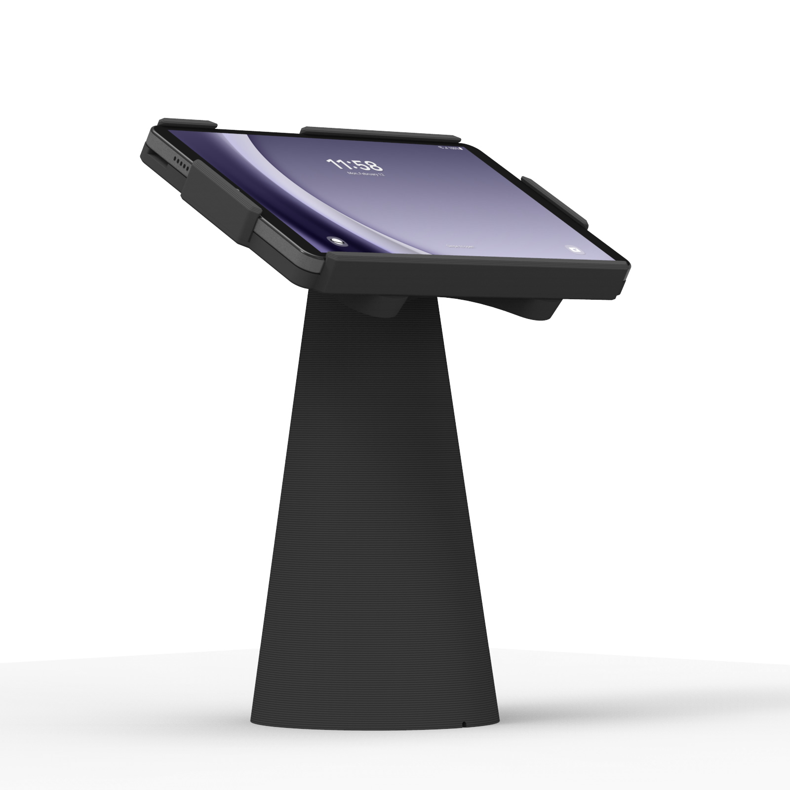 digital kiosk stand with a mounted touchscreen tablet displaying 11:58 time on the screen