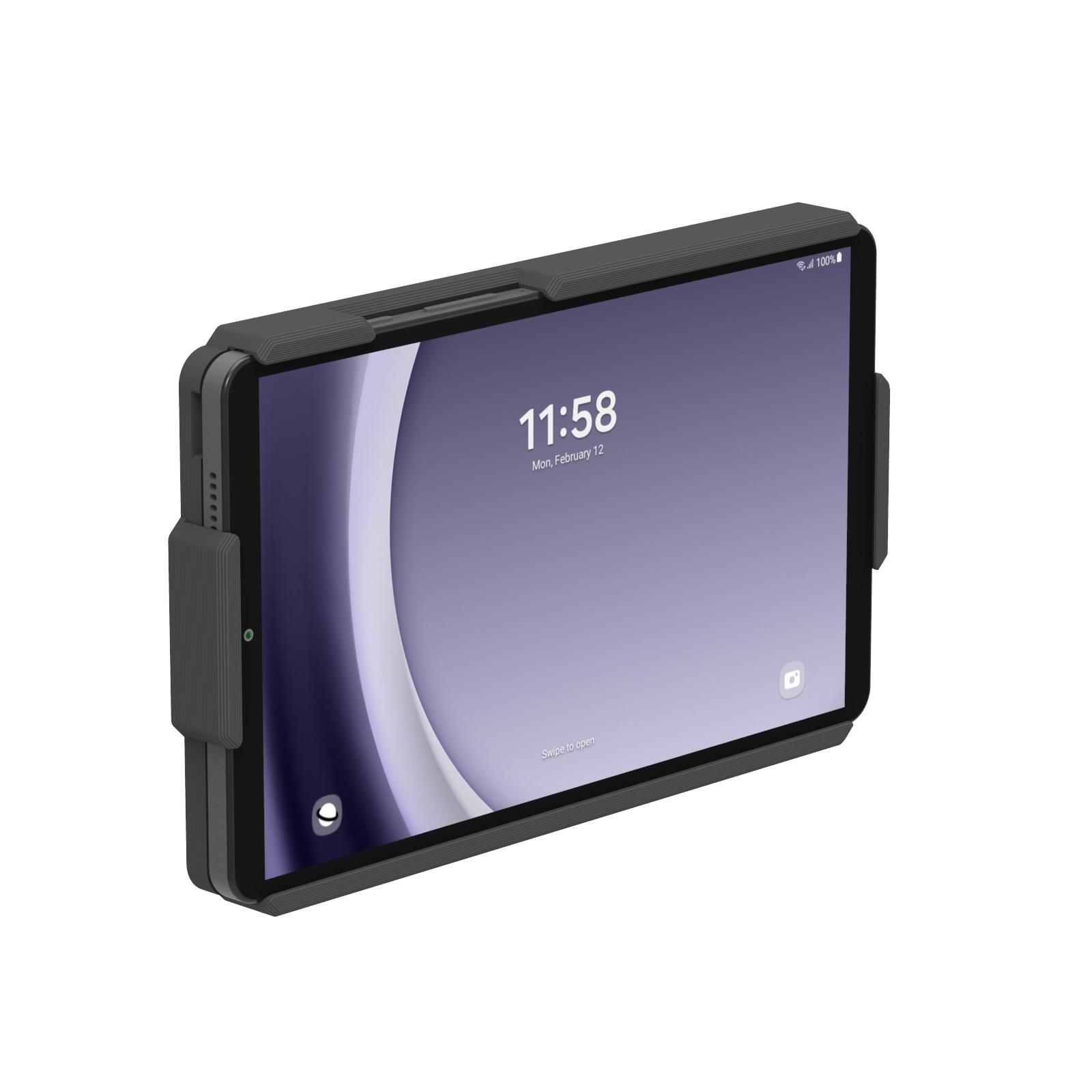 Black tablet in protective case with screen displaying time and date