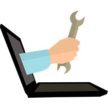 Laptop with arm coming out of screen holding wrench to troubleshoot an issue