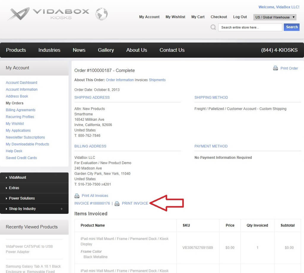 Order details page for VidaBox LLC showing shipping address, billing address, itemized invoice information, and a print invoice option.