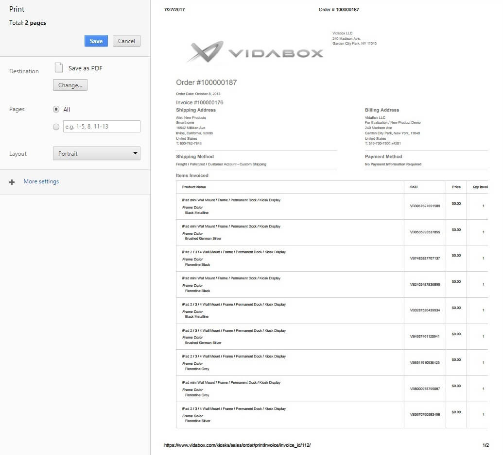 Screenshot of an invoice from Vidabox LLC displaying order number 100000187 with products such as iPad Wall Mounts and Frames, Shipping and Billing addresses, as well as options to save the document as a PDF.