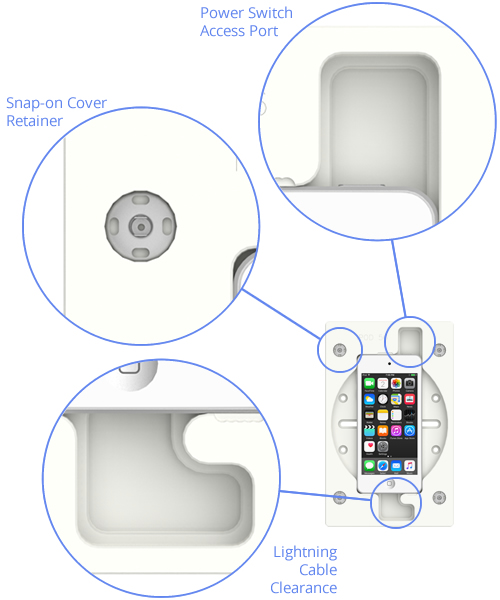 Wall-mounted device enclosure showcasing labeled features including a snap-on cover retainer, power switch access port, and lightning cable clearance, with a smartphone displaying apps inside the enclosure.