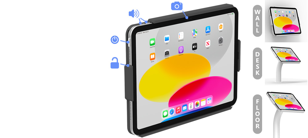 Tablet enclosures with open button access, in various wall mounting options.