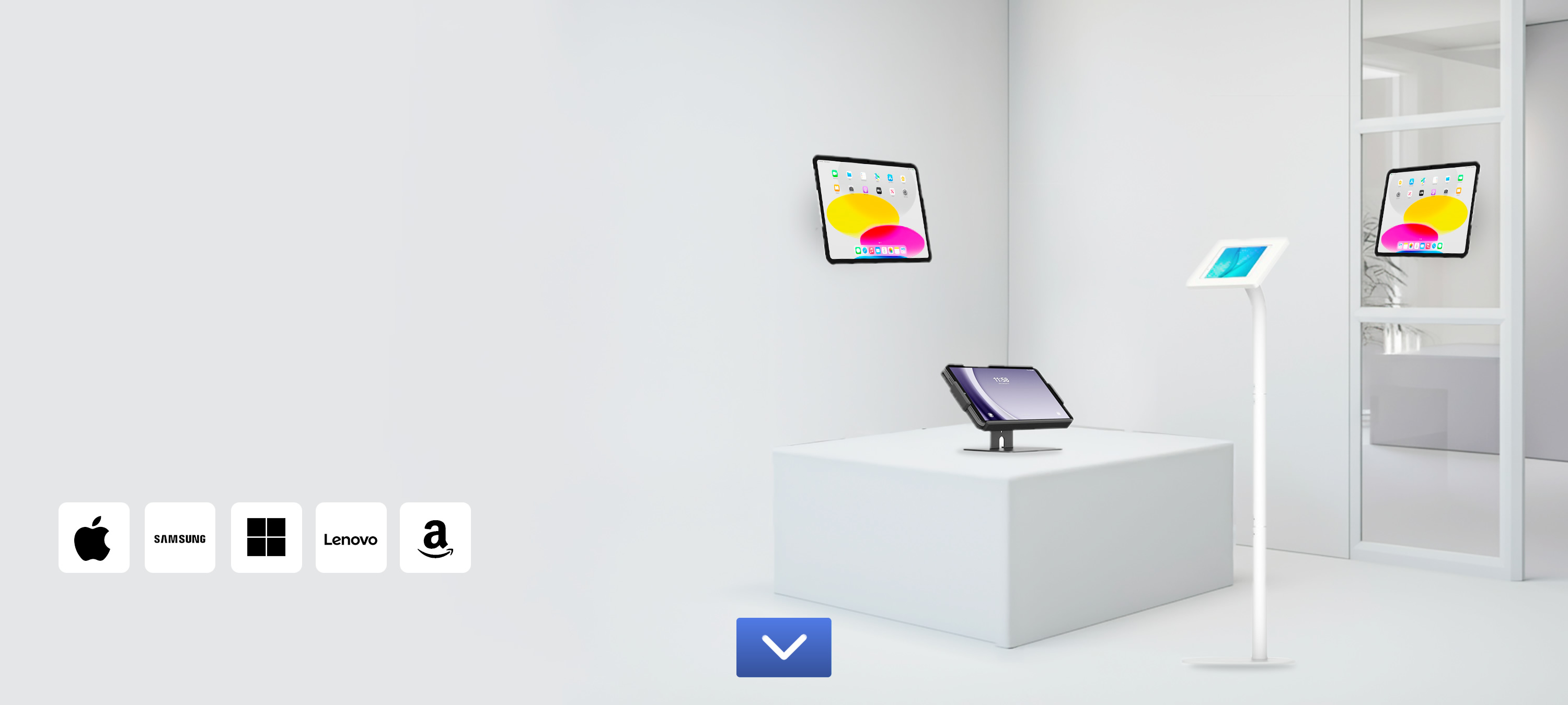 Tablet enclosures mounted onto a wall, glass, placed on a desk, and a tablet floor stand