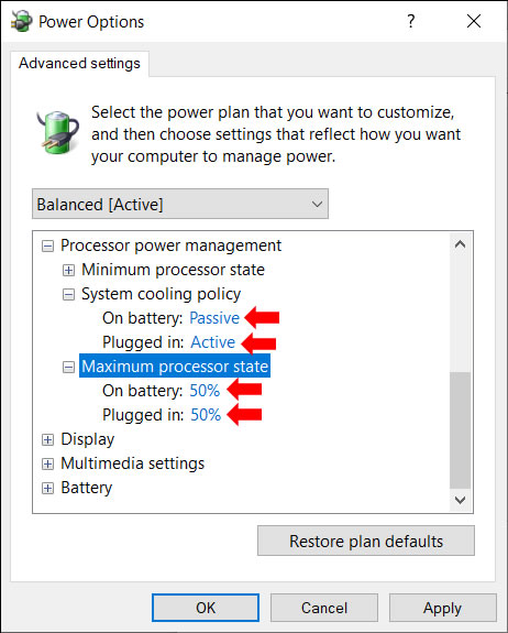 Screenshot : Multiple Cooling Policy and Processor State Settings Changed