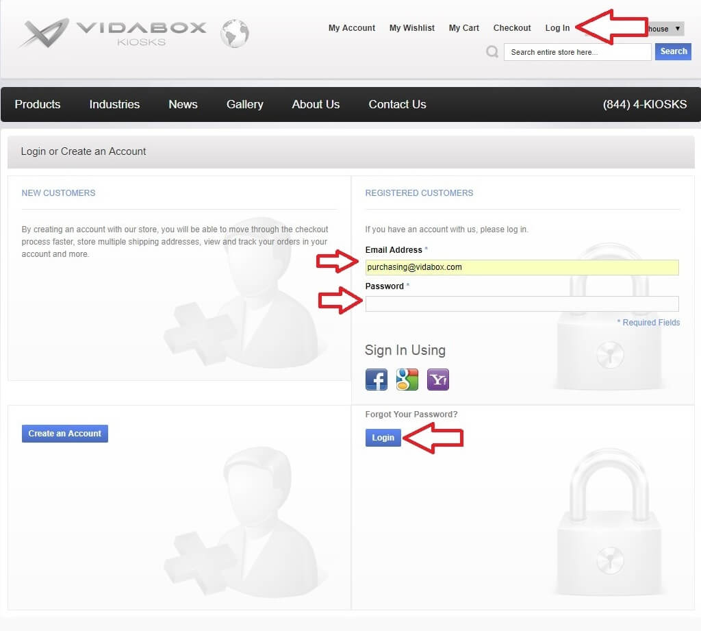 Login page for Vidabox Kiosks website with email, password fields, and social media login options. Red arrows pointing to Log In button and input fields.