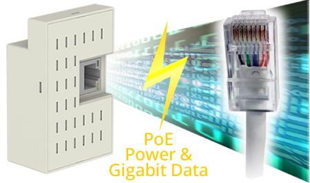 DataCharger next to CAT5 cable with power and Gigabit Data Symbols