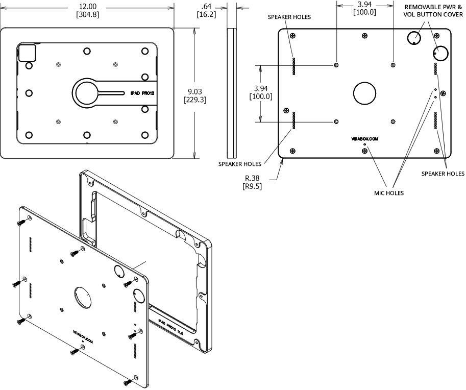 VidaMount VESA Enclosure1st, 2nd & 3rd Gen 11-inch iPad Pro / 10.9-inch iPad Air 4th Gen Dimensions