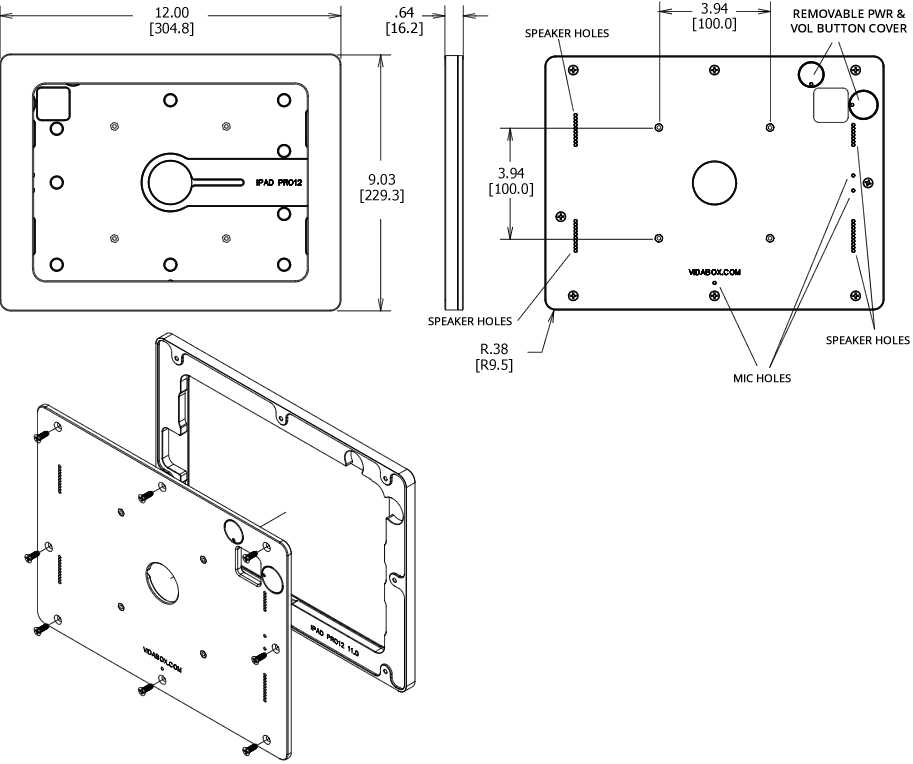 VidaMount VESA Enclosure1st, 2nd & 3rd Gen 11-inch iPad Pro / 10.9-inch iPad Air 4th Gen Dimensions